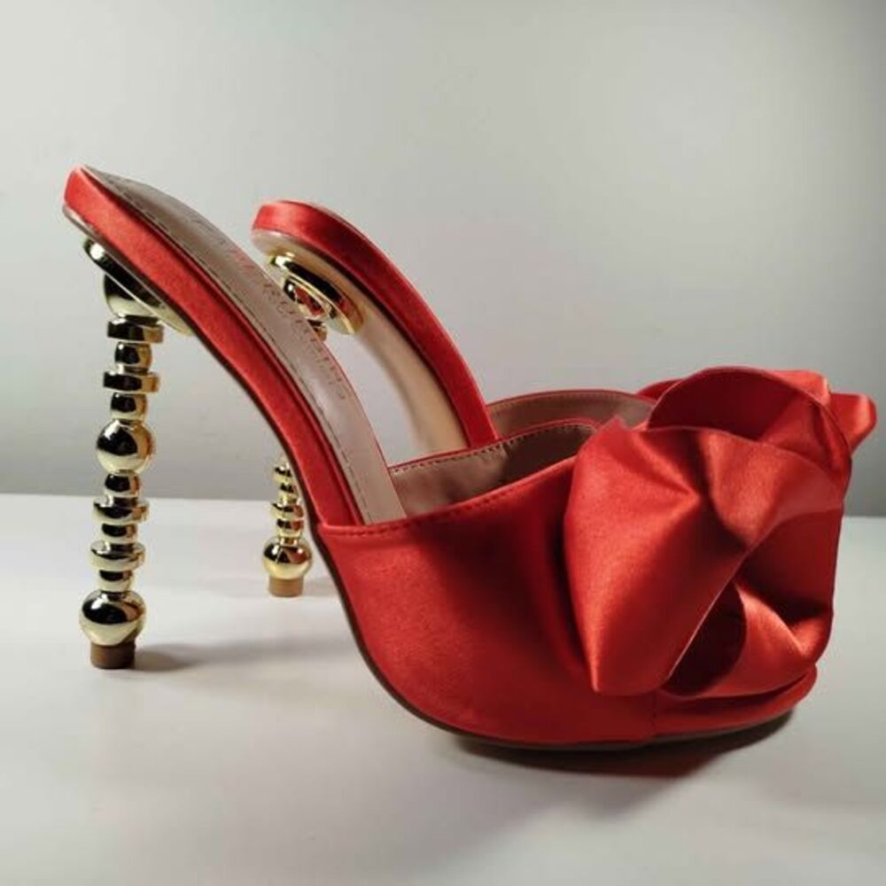 CAPE ROBIN Women’s Red Satin Bow Mule Heels Size 7 Gold Heel